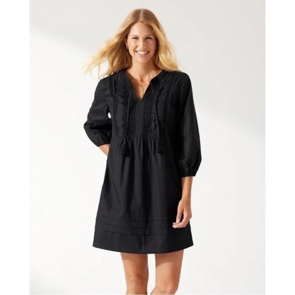 Tommy Bahama Salina Key Organic Cotton Poplin Black Split Neck Dress Size: S